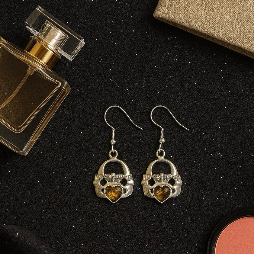 Cladaugh Silver Drop Earrings W/Brown Heart Gemstone